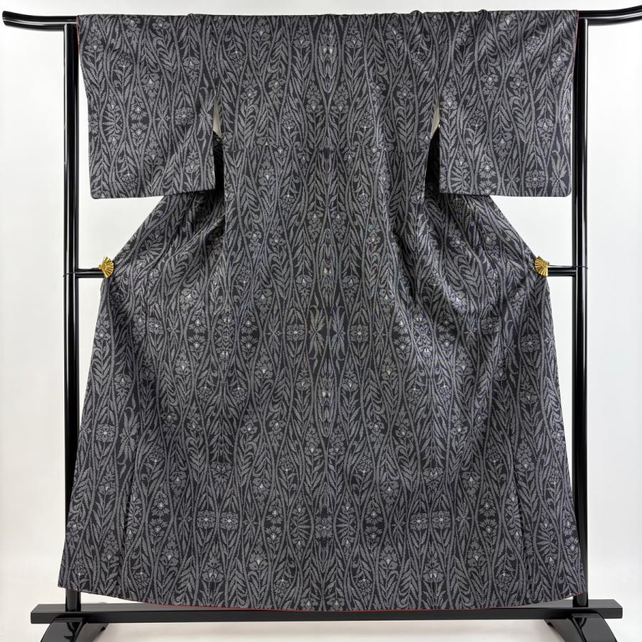 紬 身丈157cm 裄丈64cm M 袷 草花 濃紺 正絹 美品 秀品 中古