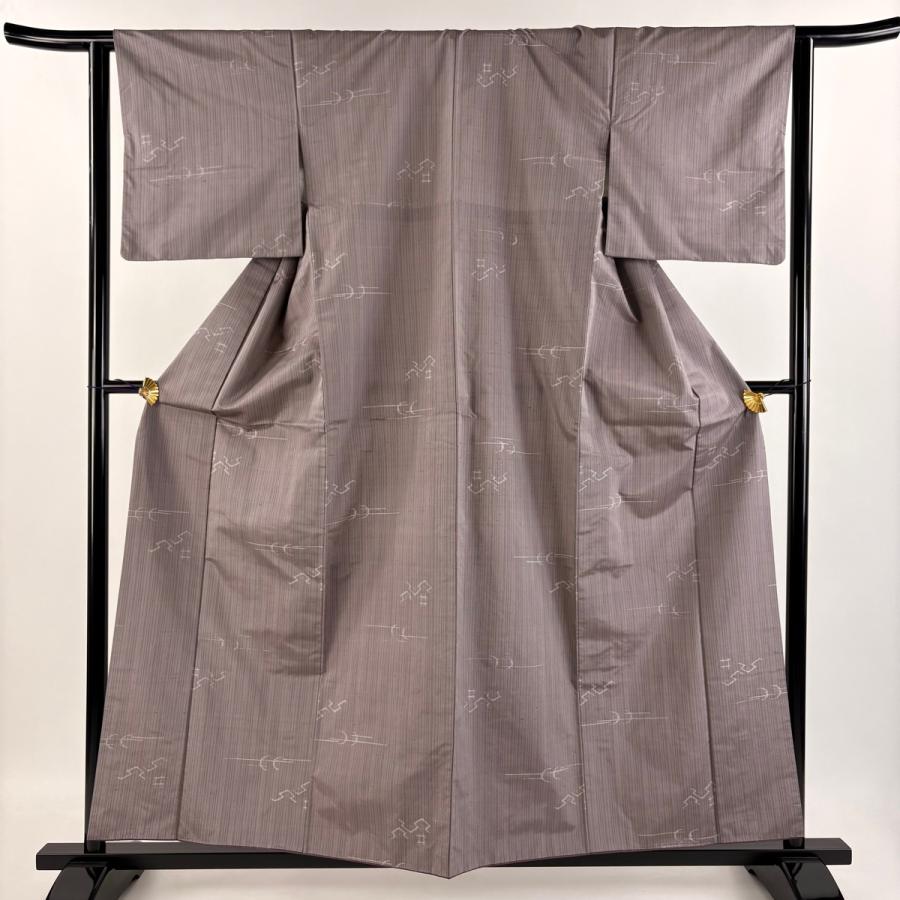 oddity0727様リクエスト 鷺 縦縞紬付下げトールサイズ裄丈70帯セット 紬 身丈157.5cm 裄丈63cm S 袷 縦縞 幾何学 灰紫 正絹 美品 秀品 中古