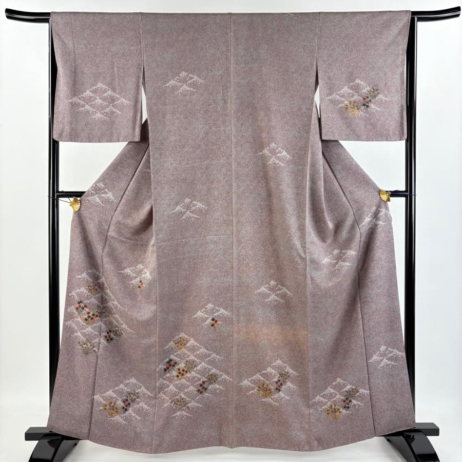 紬　付下げ　摺り疋田　草花 付下げ 身丈162cm 裄丈63.5cm S 袷 草花 疋田柄 金彩 灰紫 正絹 美品