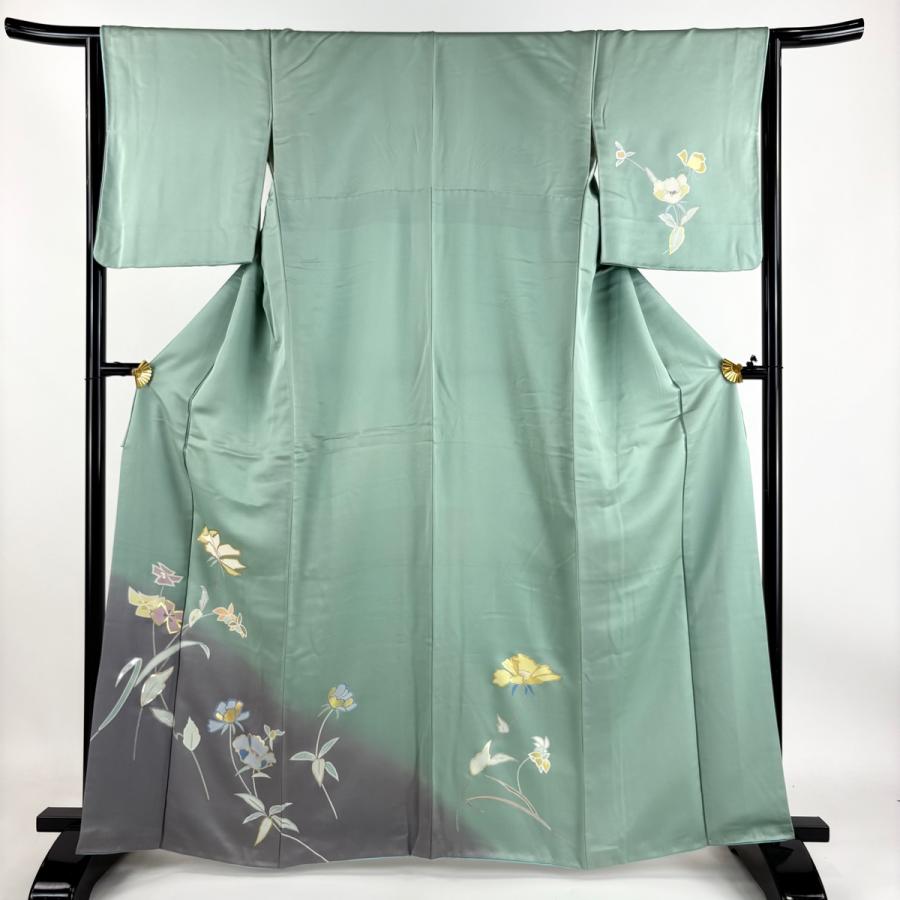 訪問着 身丈163cm 裄丈64.5cm M 袷 草花 金銀彩 ぼかし 薄緑 正絹 秀品