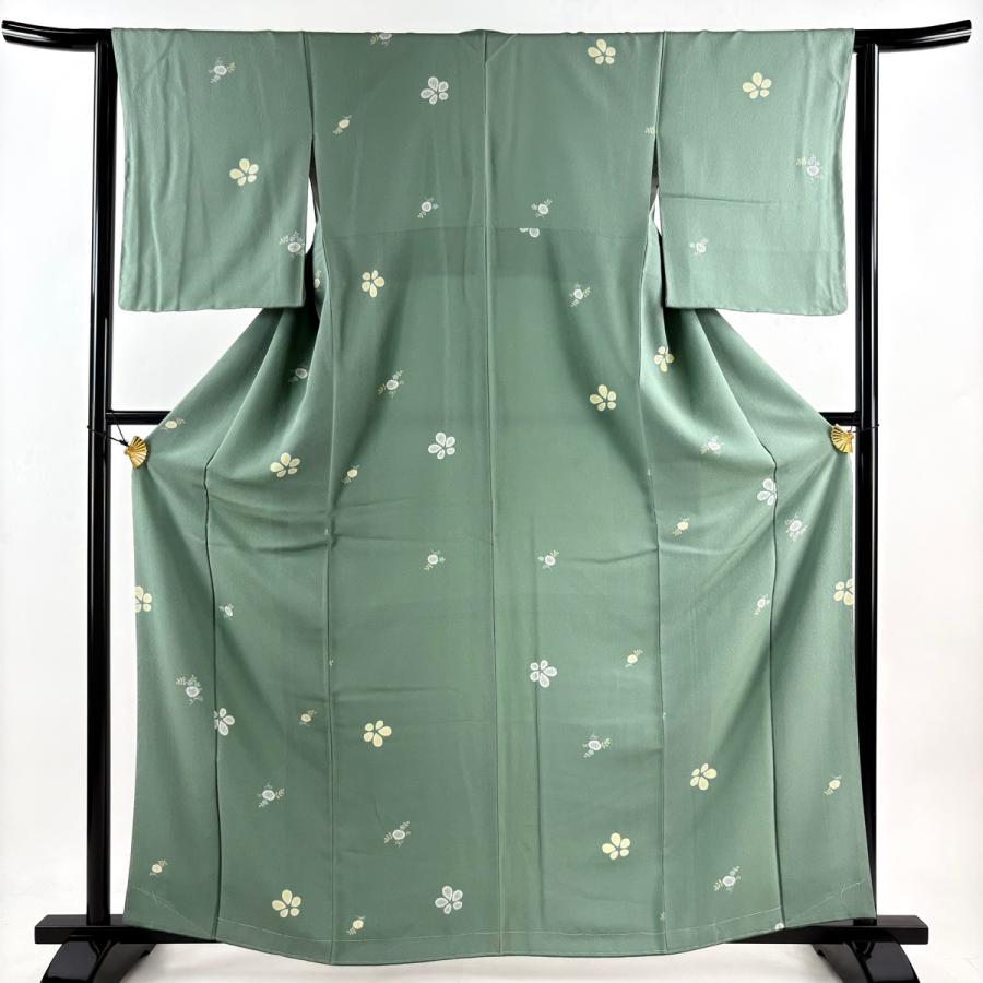 小紋 身丈164cm 裄丈62cm S 袷 草花 縮緬 薄緑 正絹 秀品 中古 在庫