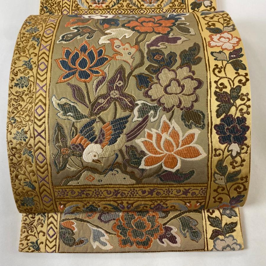 六通 袋帯 刺繍 袋帯 逸品 天平の装い 草花 鳥 刺繍 薄茶色 六通 正絹 中古 在庫一掃