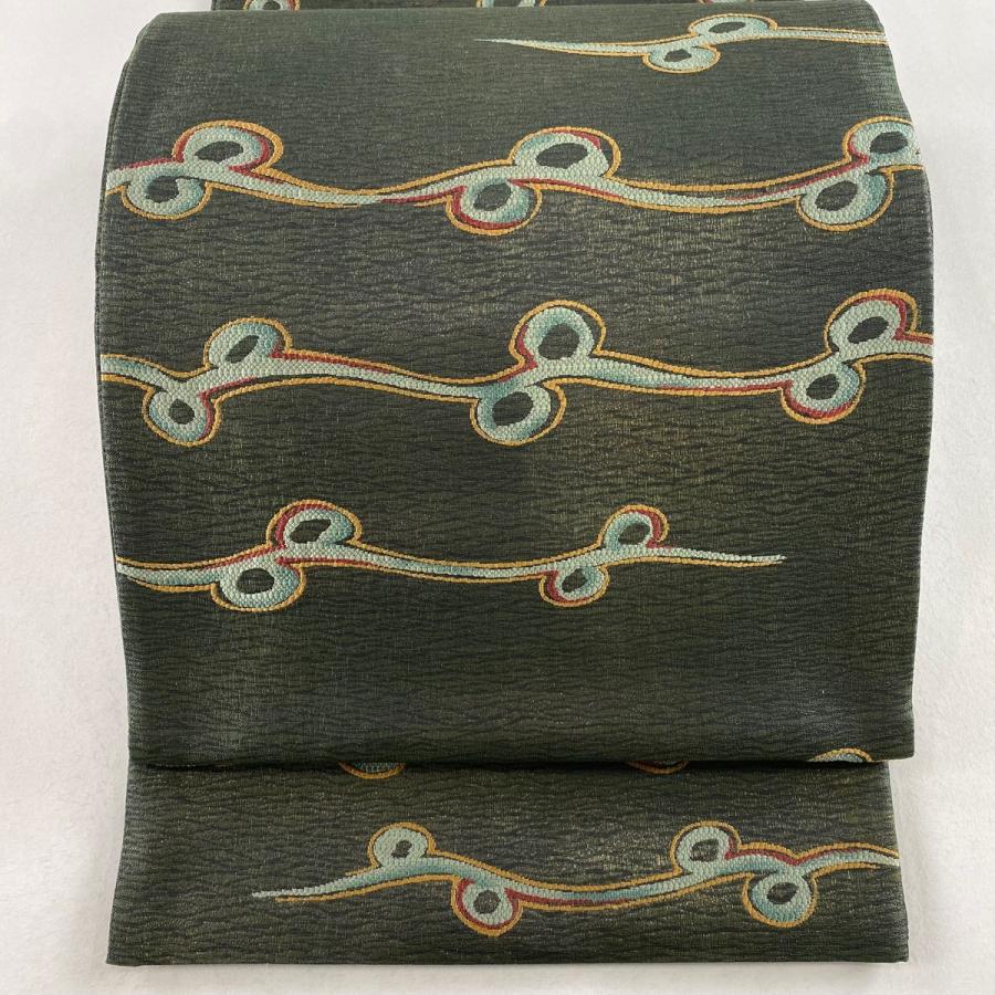 袋帯 美品 秀品 幾何学 箔 緑 六通 正絹 中古 : リユースセレクト