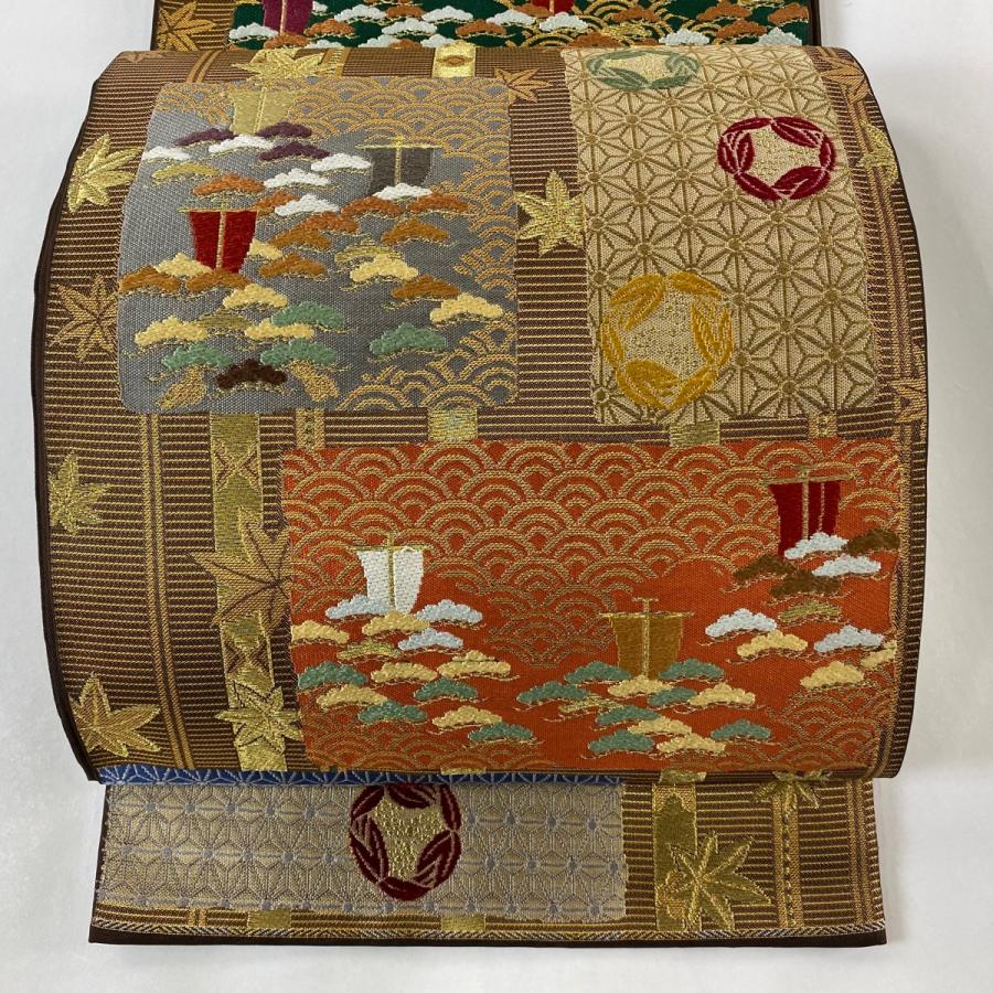 袋帯 秀品 落款あり 関西仕立て 抄伝秘青水 帆舟 青海波 金糸 箔 山吹