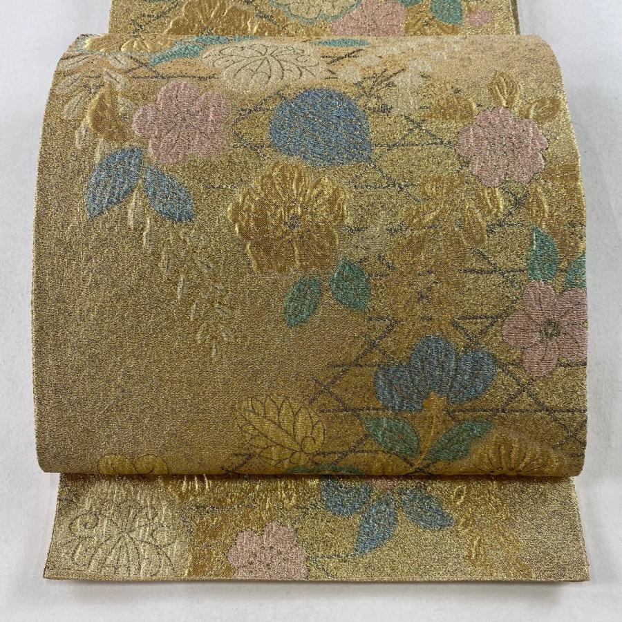 袋帯 美品 秀品 草花 金糸 箔 金色 六通 正絹 中古 : リユースセレクト