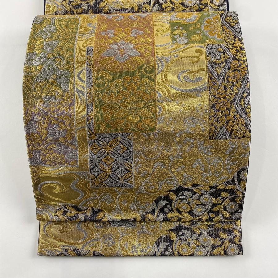 袋帯 美品 秀品 落款あり 歌仙錦 草花 花唐草 金銀糸 箔 黒 六通 正絹 
