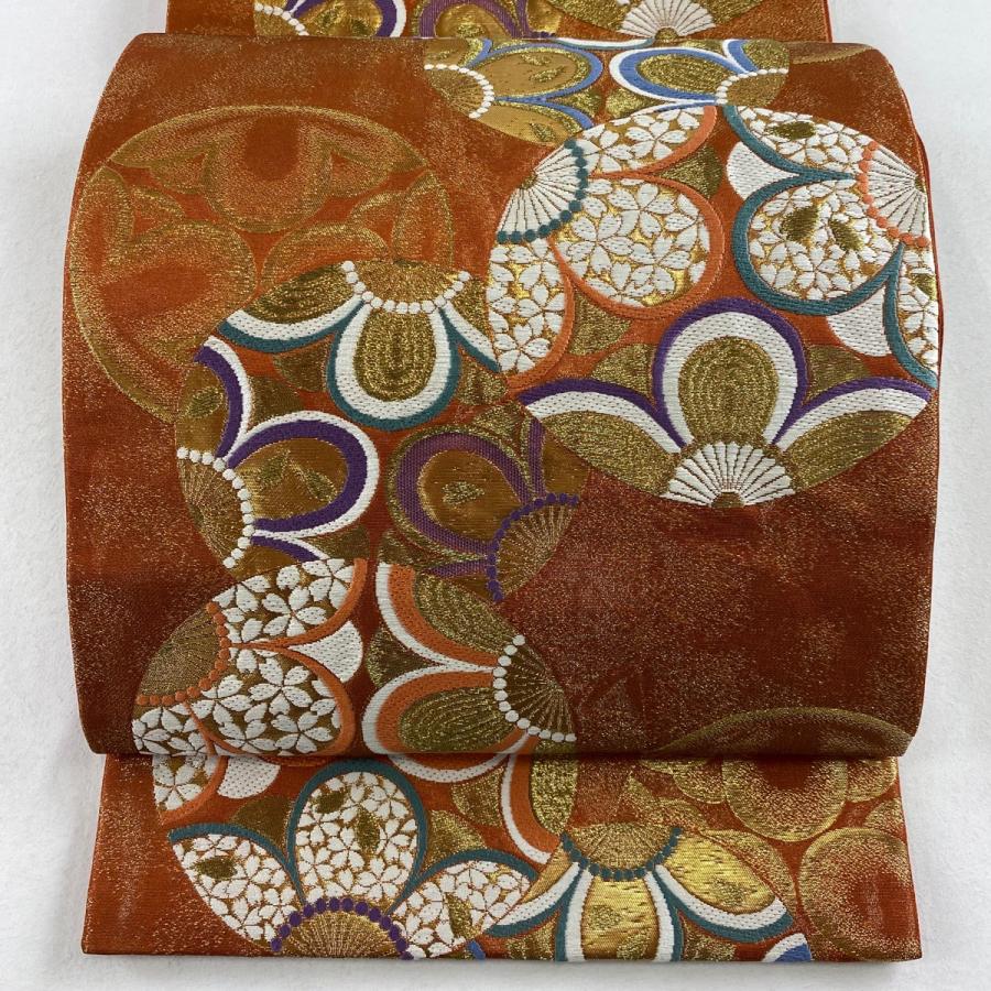 袋帯 美品 秀品 丸文 花 刺繍 金糸 赤茶 六通 正絹 中古 在庫