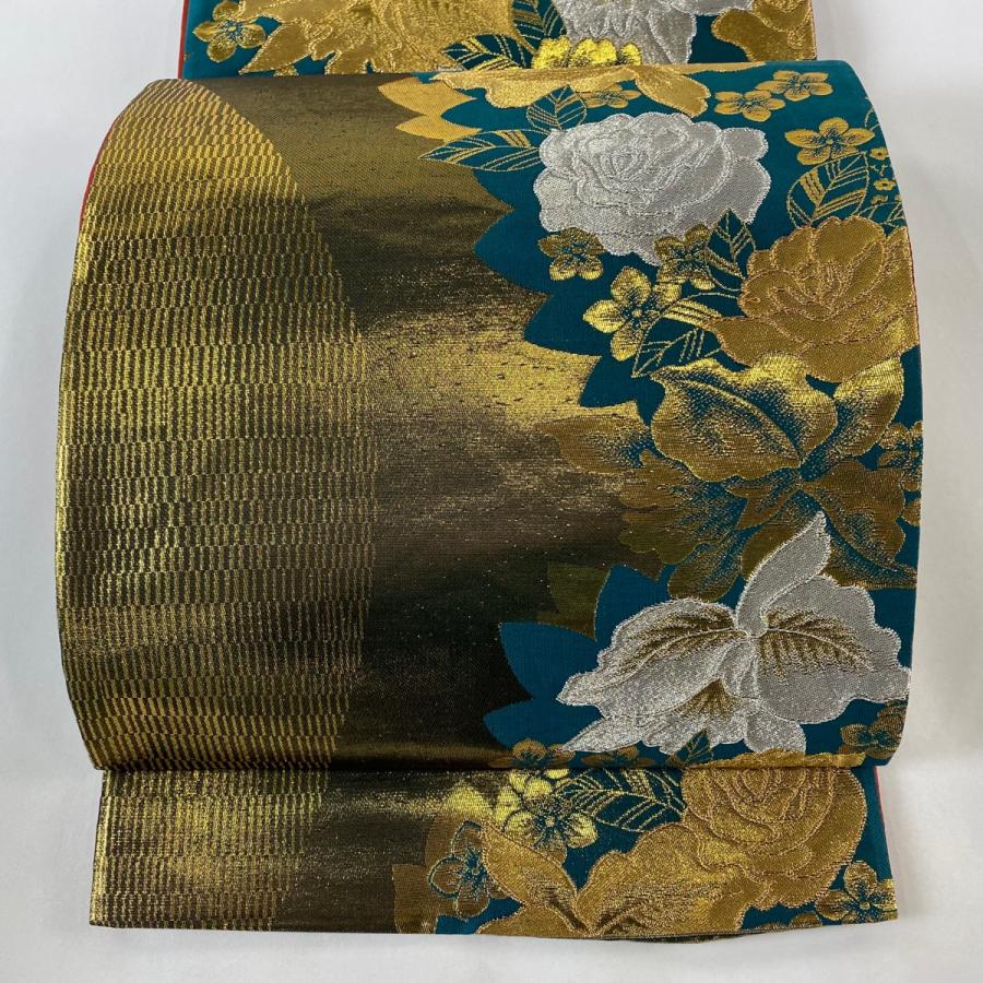 袋帯 美品 秀品 振袖向き 草花 金銀糸 箔 深緑 六通 正絹 中古