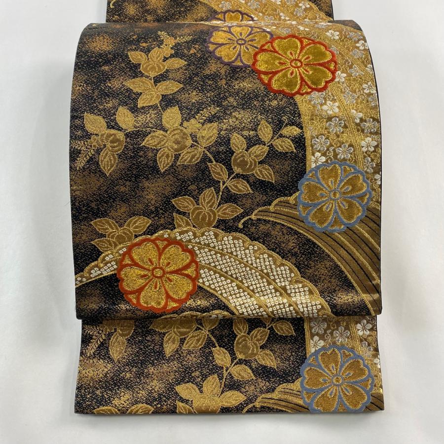 正絹 六通袋帯 本草木染花模様No2830 袋帯 美品 秀品 花丸文