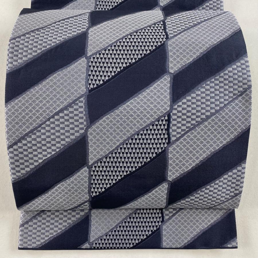 袋帯 秀品 幾何学 格子 青灰色 六通 正絹 中古 在庫一掃 : リユース