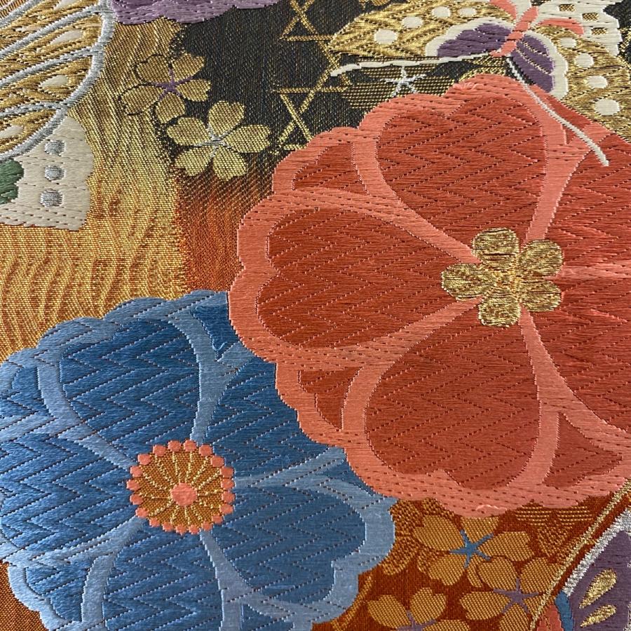 袋帯 秀品 桜 蝶 金銀糸 唐織 金色 六通 正絹 中古 : リユース