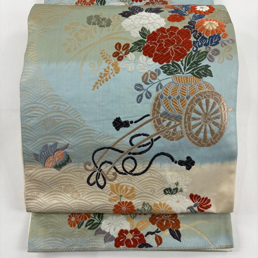 袋帯 秀品 関西仕立て 花車 花鳥 唐織 箔 よもぎ色 六通 正絹 中古