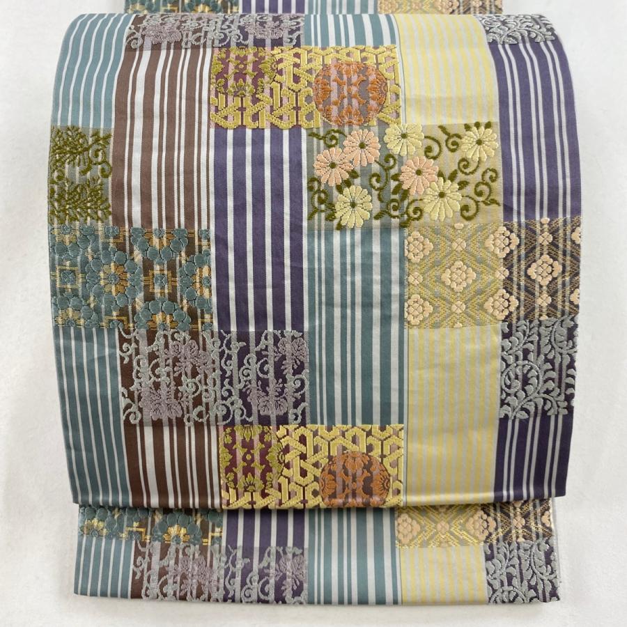 袋帯 秀品 花唐草 縞 刺繍 箔 青緑 六通 正絹 中古 : リユースセレクト