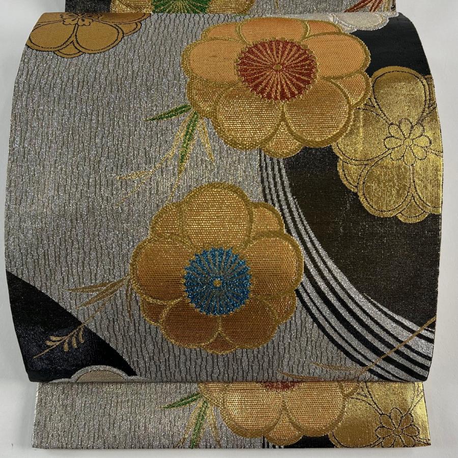 美品 袋帯 秀品 波 花唐草 金銀糸 箔 黒 六通 正絹｜