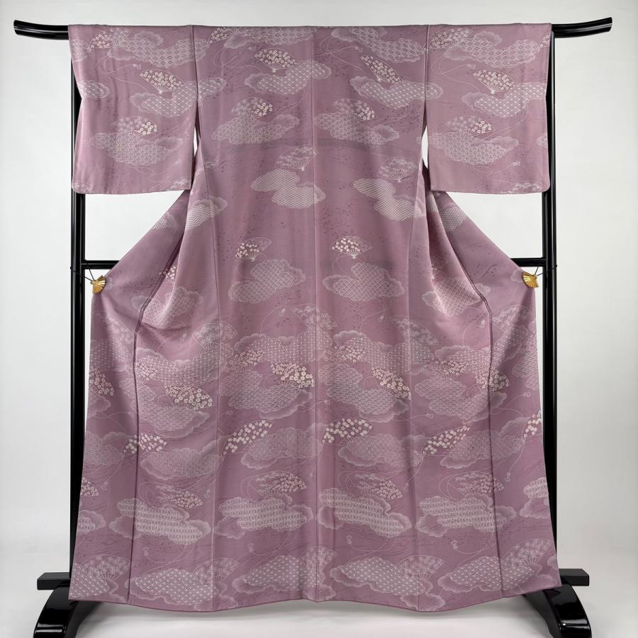 小紋 身丈165cm 裄丈66.5cm M 袷 扇 雲文 薄紫 正絹 秀品 中古