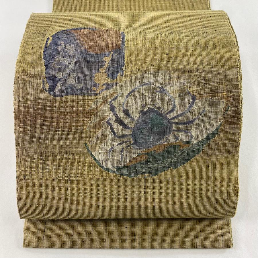 袋帯 美品 名品 カニ 茶緑色 お太鼓柄 正絹 中古 在庫一掃 : リユース