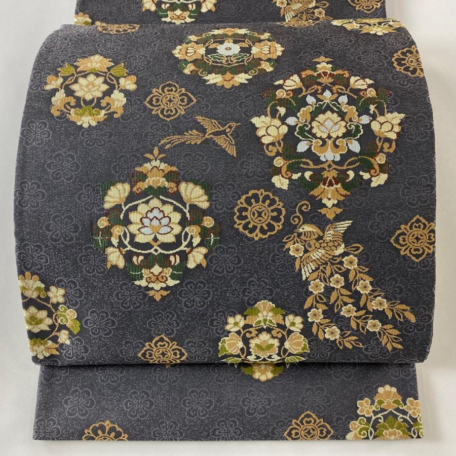 袋帯 美品 名品 リバーシブル 華文 鴛鴦 灰紫 六通 正絹 中古