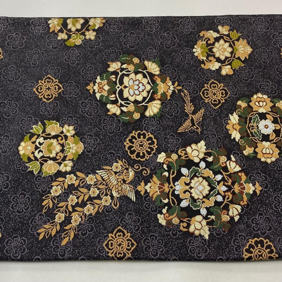 袋帯 美品 名品 リバーシブル 華文 鴛鴦 灰紫 六通 正絹 中古