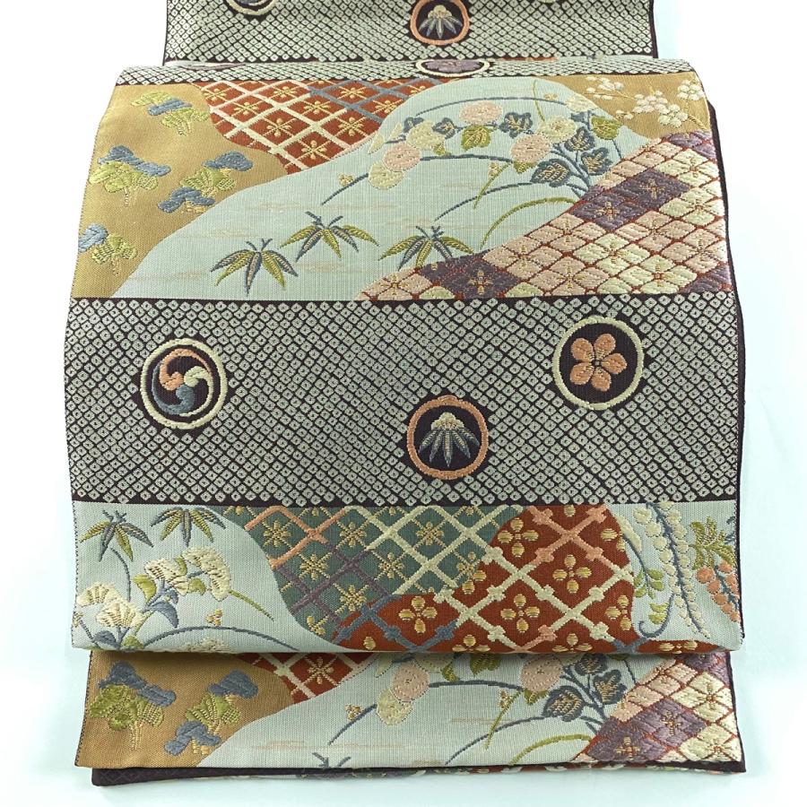 刺繍 六通 袋帯 金糸 正絹 未使用品 袋帯 名品 笹 菊 金糸 刺繍 灰白 六通 正絹 中古 在庫一掃 : リユース