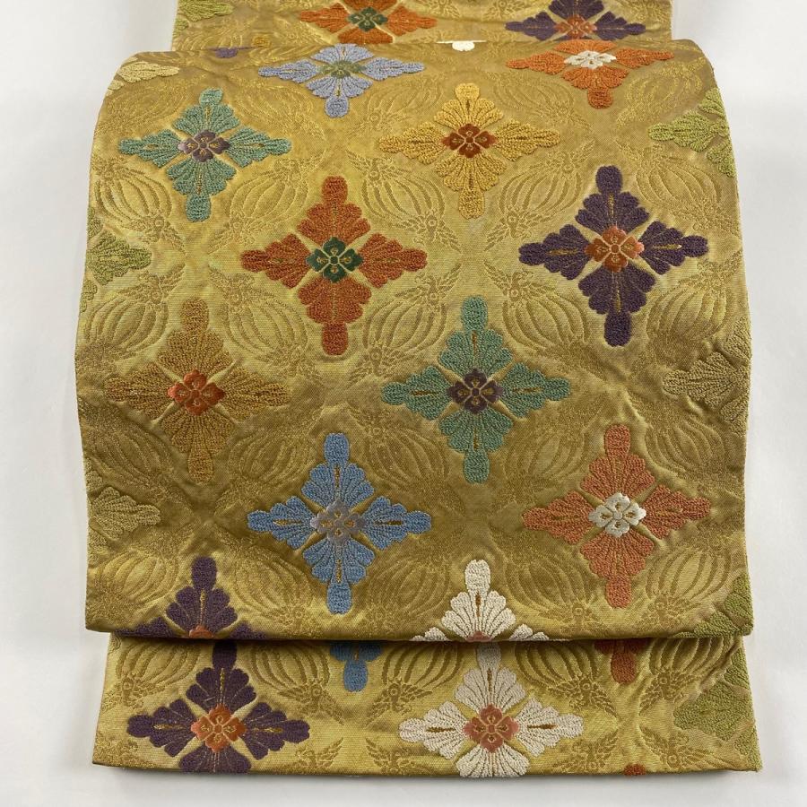 袋帯 美品 名品 花菱 箔 金糸 金色 六通 正絹 中古 在庫一掃