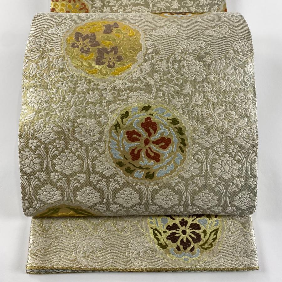 袋帯 美品 名品 リバーシブル 草花 魚 箔 金色 六通 正絹 中古 在庫