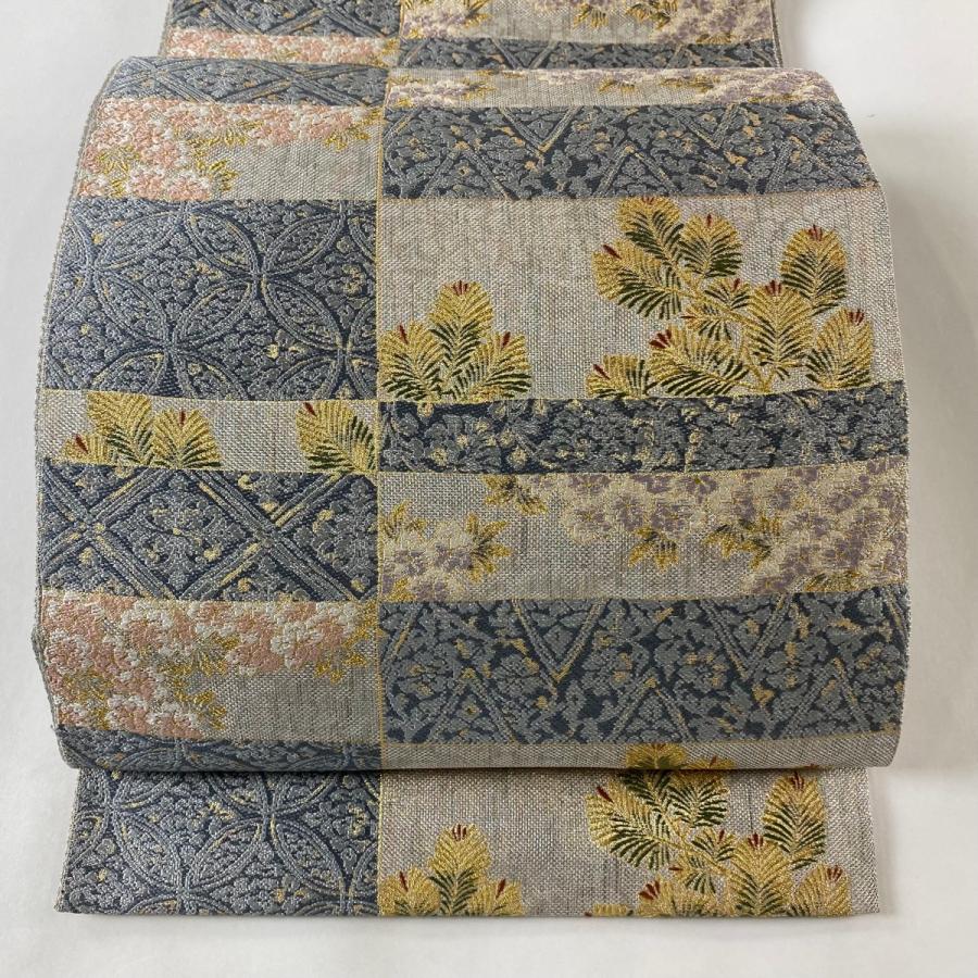 袋帯 美品 名品 若松 七宝文 金銀糸 刺繍 灰色 六通 正絹 中古 在庫