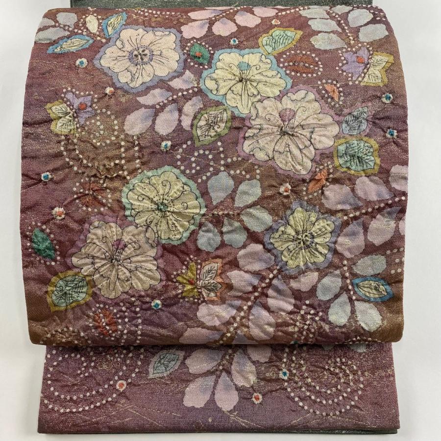 袋帯 美品 名品 落款あり 辻が花 箔 赤紫 お太鼓柄 正絹 中古 在庫一掃