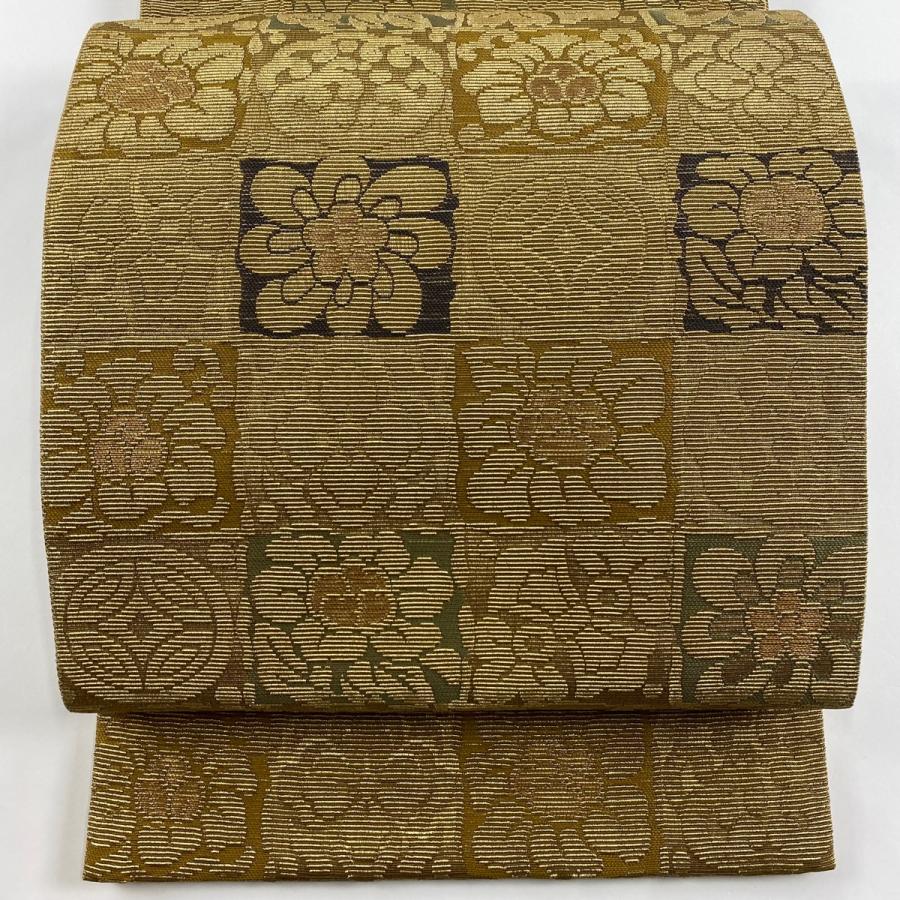 袋帯 美品 名品 花 七宝文 金糸 黄土色 六通 正絹 中古 在庫一掃