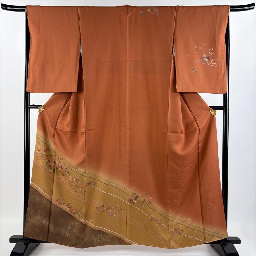訪問着 身丈160.5cm 裄丈66cm M 袷 鴛鴦 草花 金銀彩 染分け 赤茶 正絹
