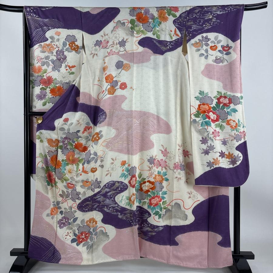 振袖 身丈161cm 裄丈67cm M 袷 鈴乃屋 草花 波 金糸 金銀彩 クリーム