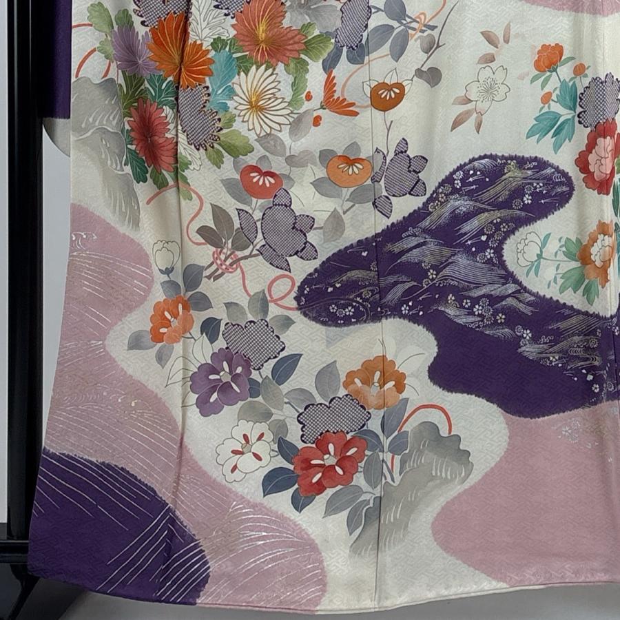 【美品】【振袖フルセット】 鈴乃屋 草花 幔幕 金彩 えんじ色 正絹 振袖 身丈161cm 裄丈67cm M 袷 鈴乃屋 草花 波 金糸 金銀彩 クリーム