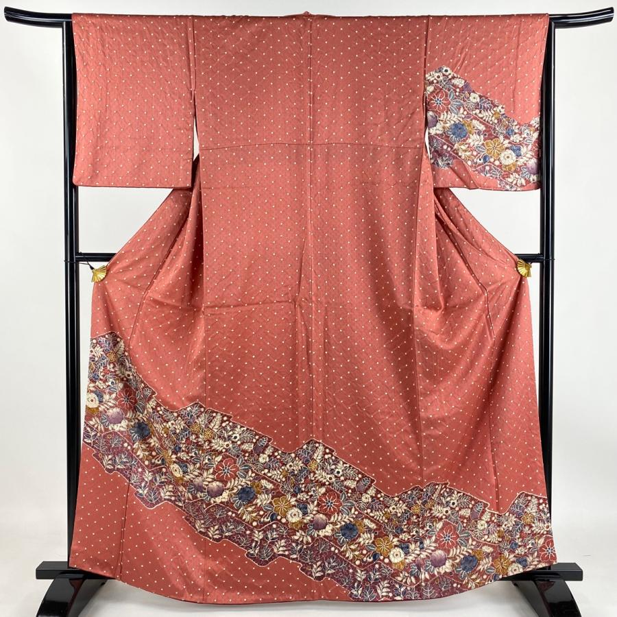 訪問着 身丈161cm 裄丈65cm M 袷 草花 ドット 絞り ピンク 正絹 秀品