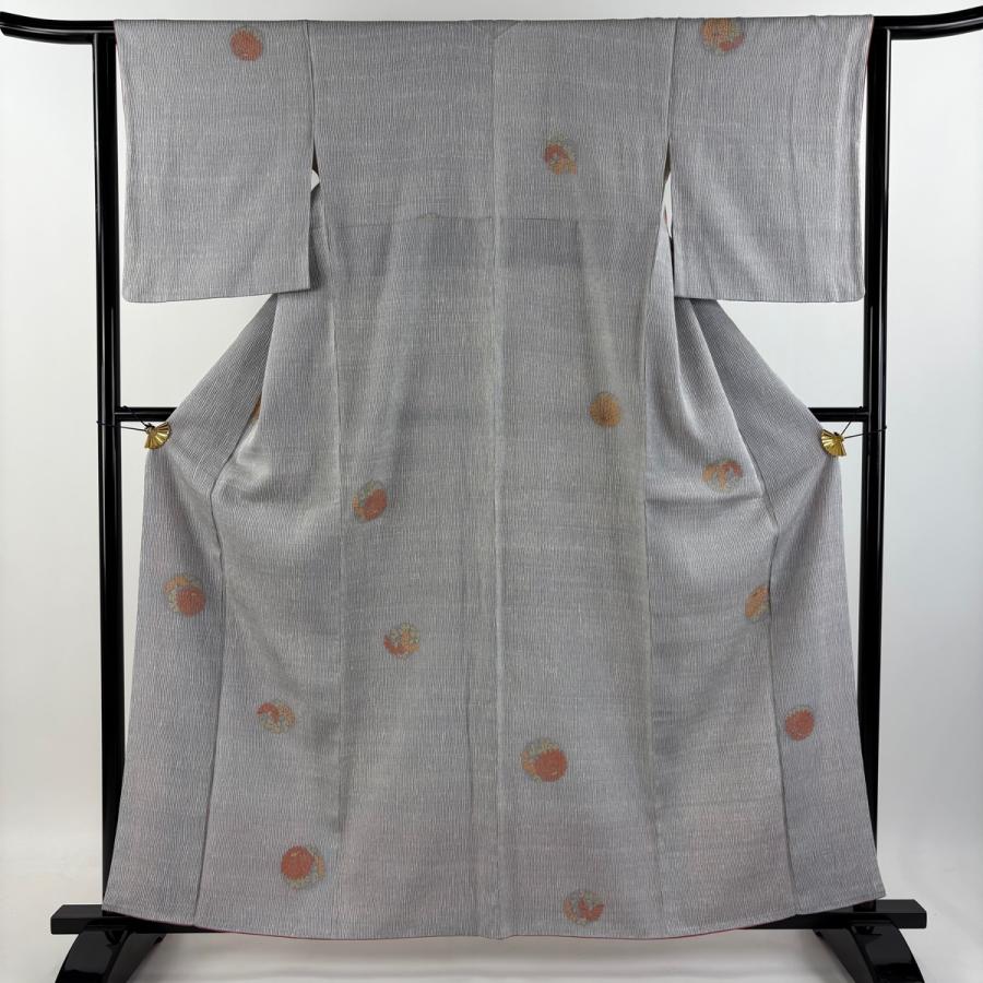 小紋 身丈160.5cm 裄丈62.5cm S 袷 菊 縦縞 青灰色 正絹 秀品 中古