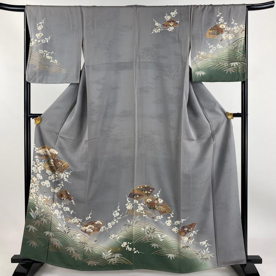 訪問着 身丈162cm 裄丈65cm M 袷 扇 枝梅 金彩 染め分け 灰色 正絹 秀