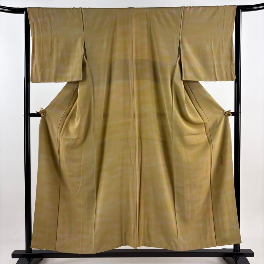 小紋 身丈154cm 裄丈64cm M 袷 本郷大田子 落款あり 霞ぼかし 黄土色