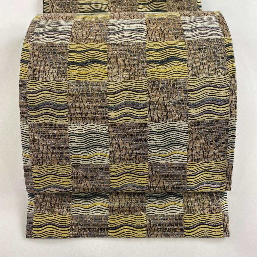 袋帯 美品 名品 市松 よろけ縞 箔 金茶 六通 正絹 中古 在庫一掃