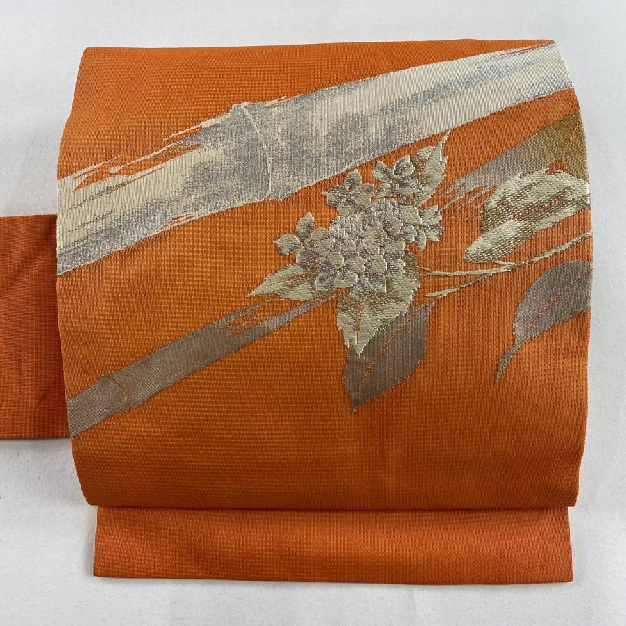 名古屋帯 優品 夏帯 絽 草花 竹 金銀糸 オレンジ 正絹 中古 : リユース