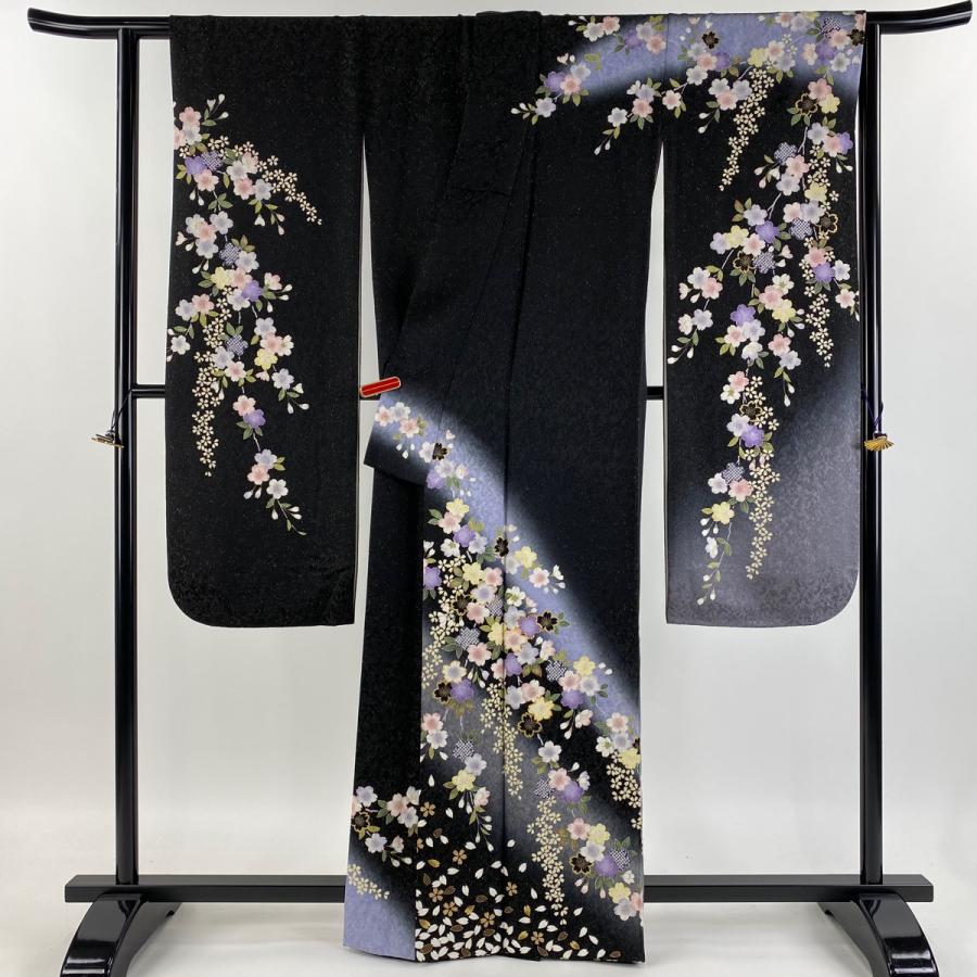 振袖 身丈163cm 裄丈66.5cm M 袷 桜 花びら 金通し 金糸 黒 正絹