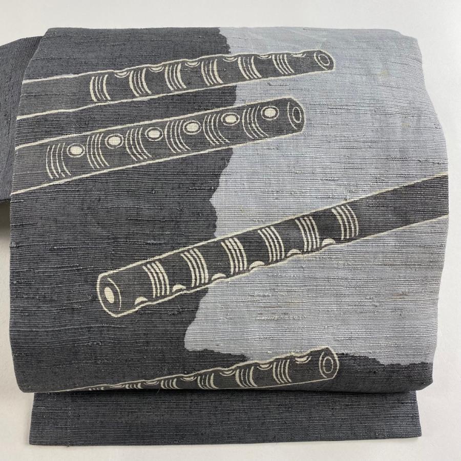 名古屋帯 逸品 落款あり 紬地 笛 灰色 正絹 中古 在庫一掃 : リユース
