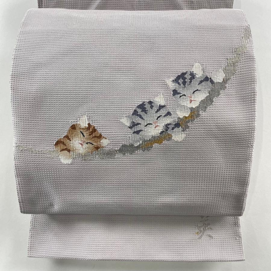 名古屋帯 逸品 落款あり 縞猫 金糸 灰紫 お太鼓柄 正絹 中古