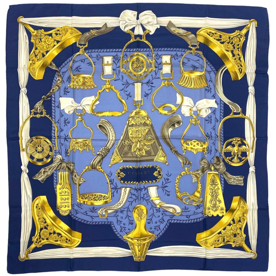 HERMES エルメス カレ 90 ETRIERS 鎧柄 馬具柄 スカーフ シルク ブルー  