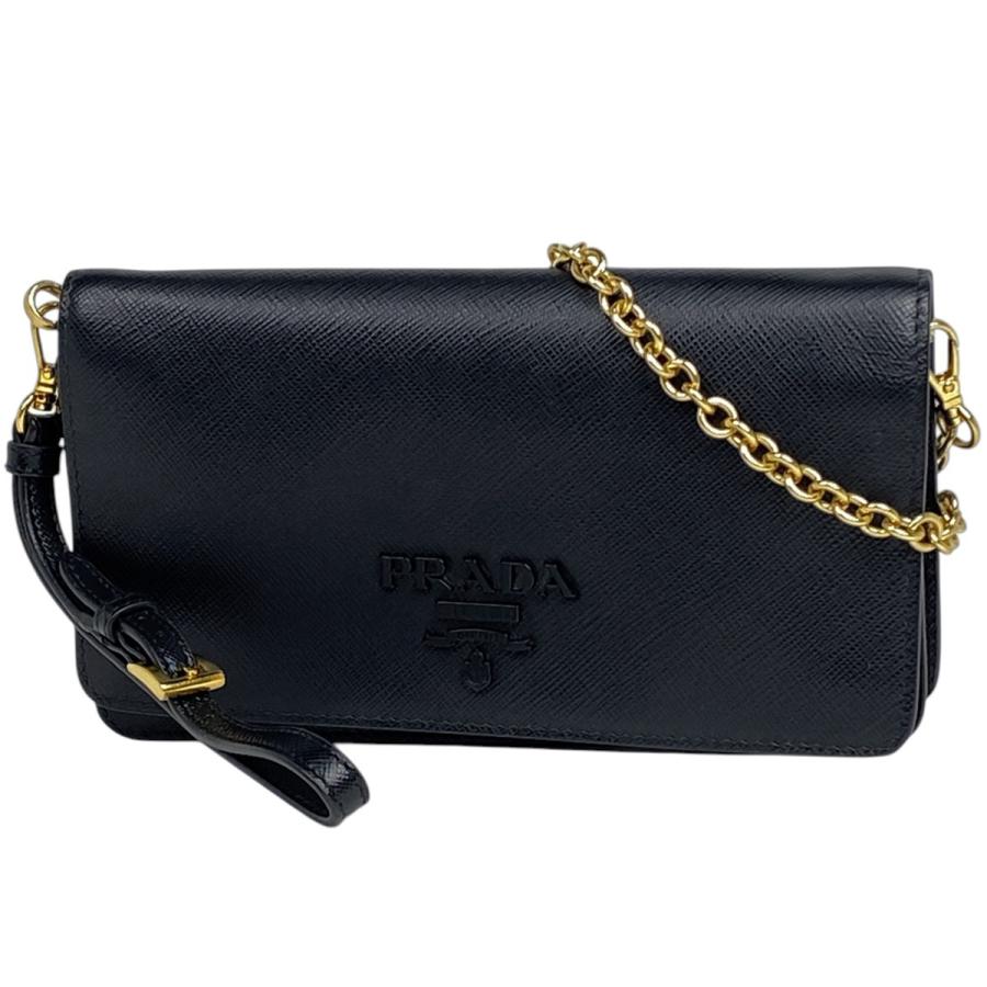 PRADA プラダ　サフィアーノ　チェーンウォレット　レザー　ブラック　黒 PRADA（プラダ） ロゴ チェーン ウォレット 長財布 ショルダーバッグ