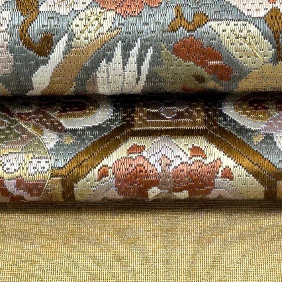 O0708 美品 逸品 希少 引き箔 絽刺し 刺繍 正絹 袋帯 袋帯 逸品 絽刺し 華文 蜀江文 刺繍 金彩 ベージュ お太鼓柄 正絹 中古