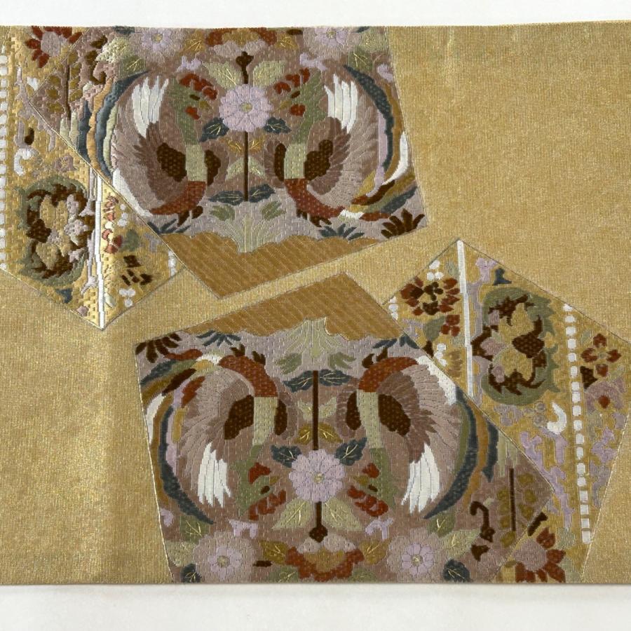 袋帯 逸品 絽刺し 華文 蜀江文 刺繍 金彩 ベージュ お太鼓柄 正絹 中古