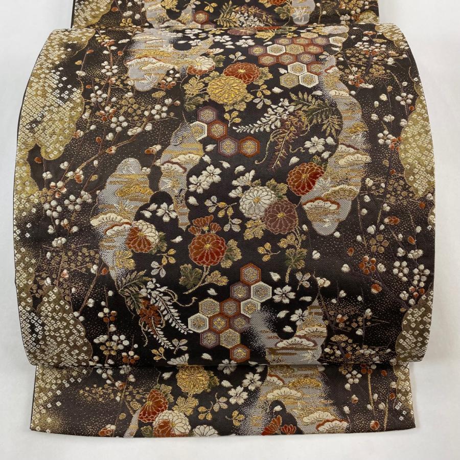 O0685 美品 逸品 豪華 総刺繍 金通し 正絹 袋帯 袋帯 美品 逸品 証紙あり 家寶集 華文 鶴 金銀糸 唐織 金色 六通 正絹