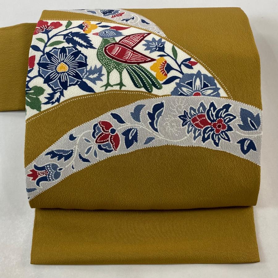 名古屋帯 美品 逸品 栗山吉三郎 落款あり 花唐草 鳥 縮緬 山吹