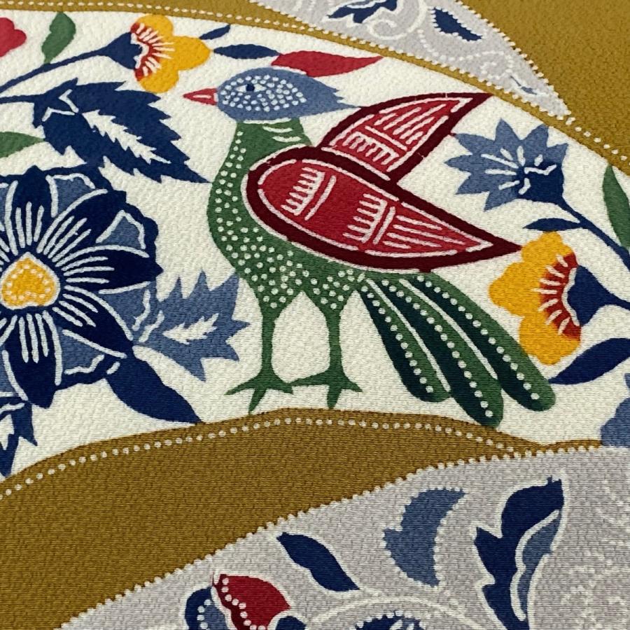 名古屋帯 美品 逸品 栗山吉三郎 落款あり 花唐草 鳥 縮緬 山吹