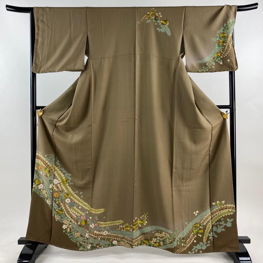 訪問着 身丈164cm 裄丈67cm M 正絹 美品 名品 訪問着 身丈164cm 裄丈67cm M 袷 草花 金彩 ぼかし 薄茶色 正絹 名品