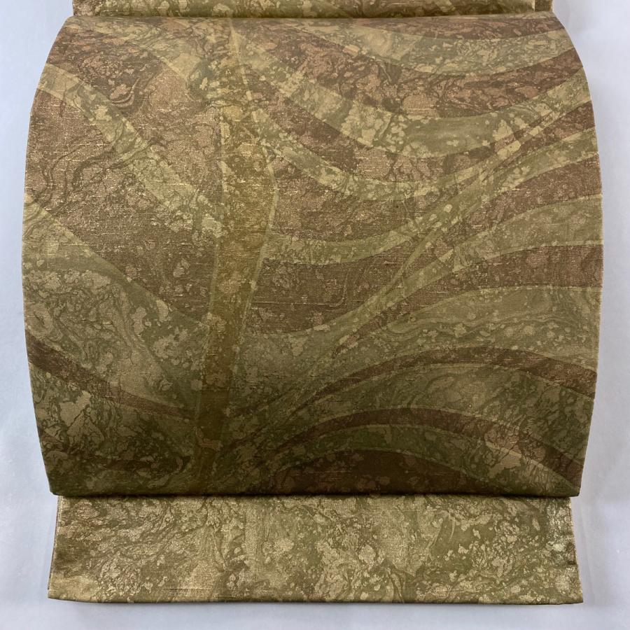 袋帯 逸品 落款あり 牛首紬 波 幾何学模様 金彩 金色 全通 正絹 中古