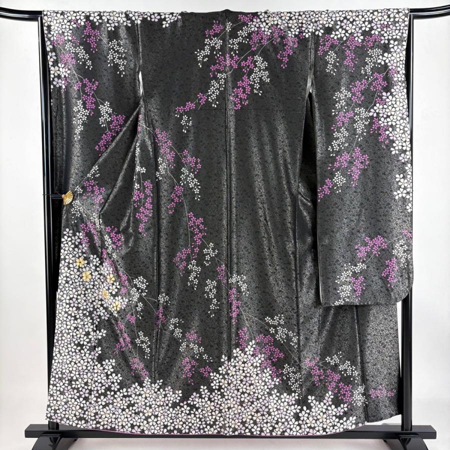 振袖 身丈157cm 裄丈66.5cm M 袷 枝垂れ桜 金糸 銀通し 黒 正絹 美品